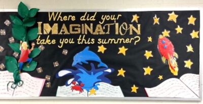 Where did your imagination take you this summer? Book themed bulletin board