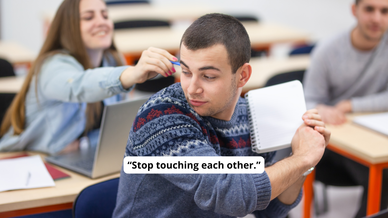 Photo example of common teacher sayings with student touching another student