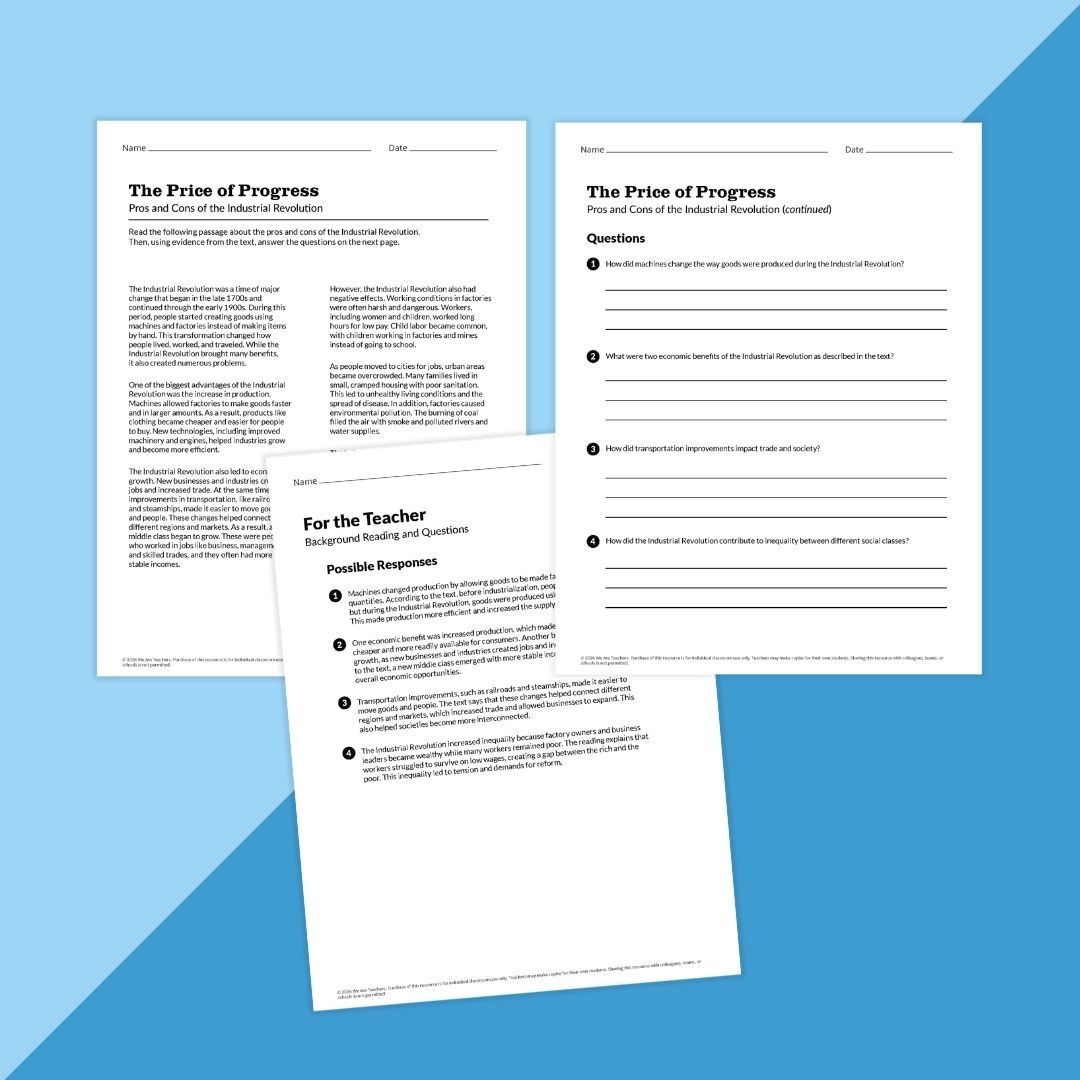 Images of worksheets from the American Industrial Revolution Worksheet & Activity Bundle.