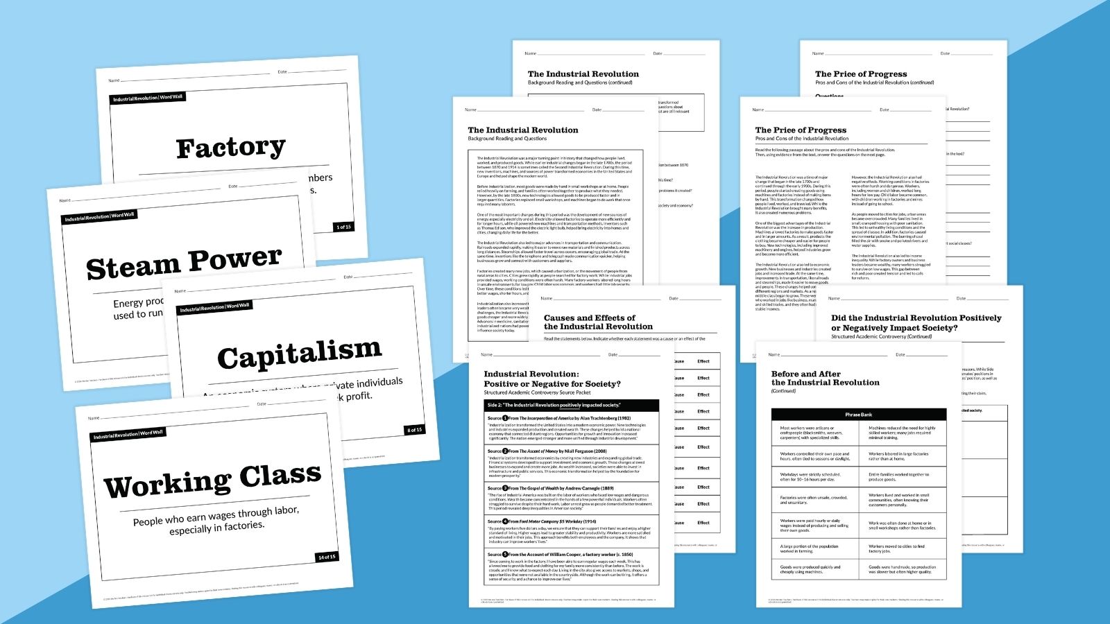 Images of worksheets about the Industrial Revolution.