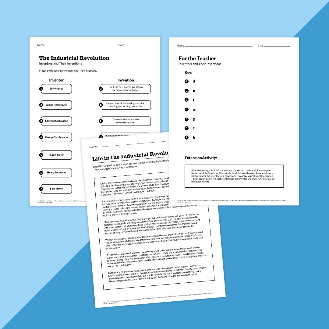 Images of worksheets and answer keys in an Industrial Revolution bundle.