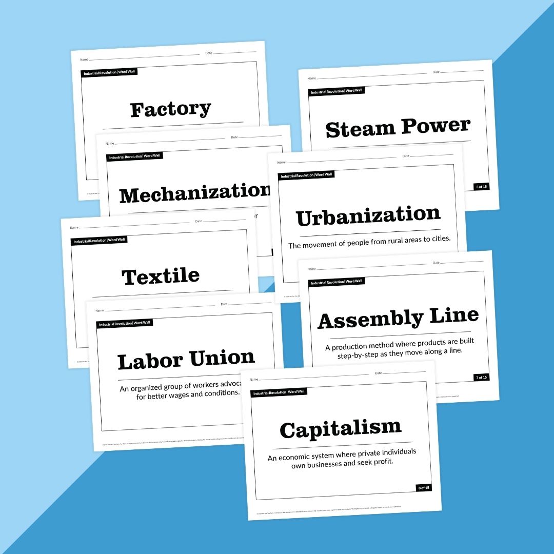 Word Wall card images about the Industrial Revolution.