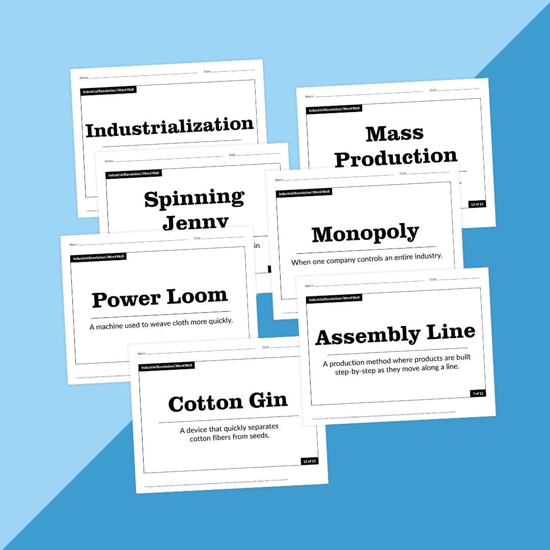Word Wall cards about the Industrial Revolution.