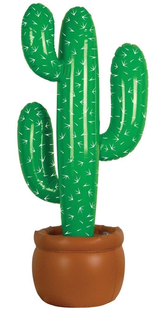 Bright green inflatable cactus in brown planter pot