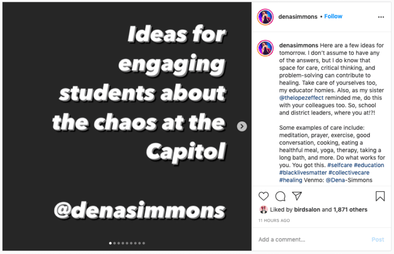 Instagram post from denasimmons ideas for engaging students about the chaos at the Capitol