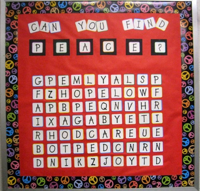 Word search bulletin board with heading text reading Can You Find Peace?