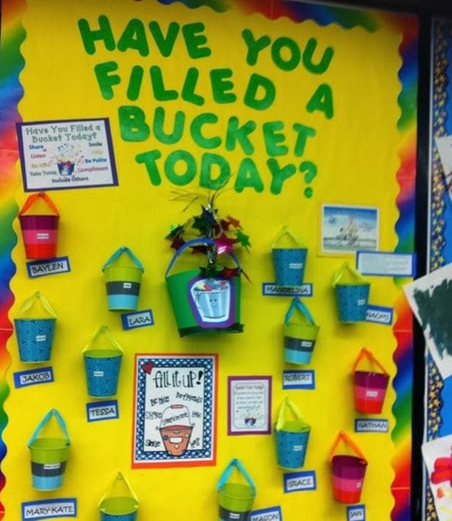 Have You Filled a Bucket Today? bulletin board with metal buckets labeled with student names (Interactive Bulletin Boards)