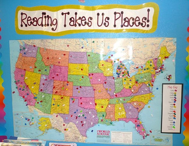 Map of the United States with places marked with pins. Text reads Reading Takes Us Places!
