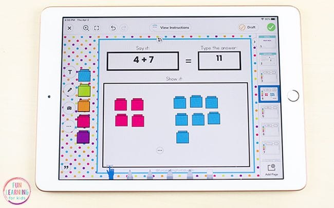 Customizable Google Slides template showing a math mat with addition problem and virtual manipulatives