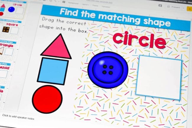 Image of triangle, square, and circle with blue button for matching from Life Over Cs 3