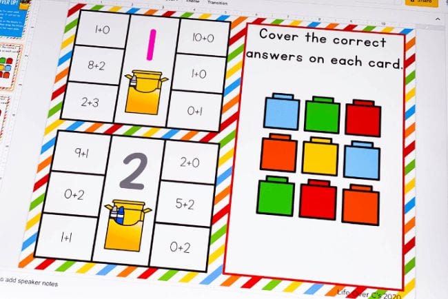 Various basic addition sums with colorful blocks