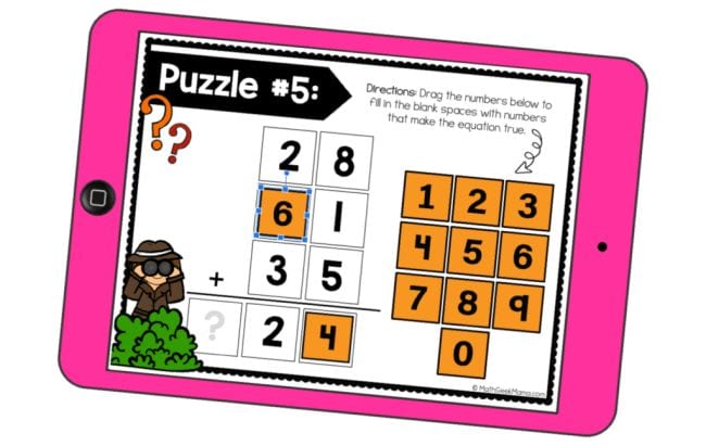 Math puzzle slide template with missing numbers in a two-digit, three number addition problem