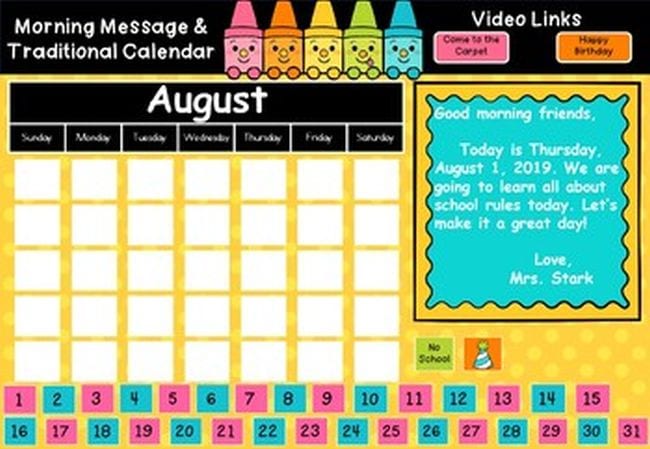 Blank calendar marked August, with colorful numbers and space for a message