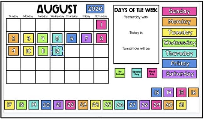 Blank grid marked August with colorful number and days of the week tiles (Interactive Online Calendars)