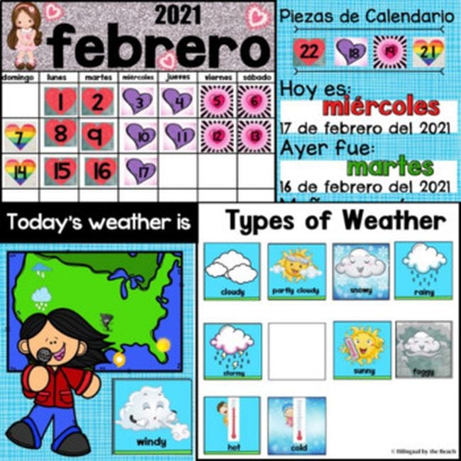 Calendar slides in English and Spanish, showing days of the month and types of weather