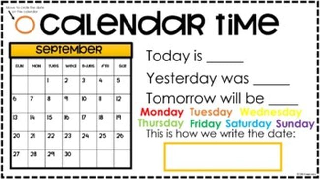 Slide called Calendar Time, showing September calendar and fill-in-the-blanks for Today Is, Tomorrow Is, and Yesterday Was