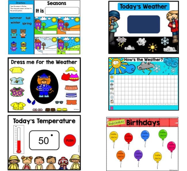 Slides labeled Seasons, Today's Weather, Dress Me For the Weather, Today's Temperature, and Birthdays (Interactive Online Calendars)