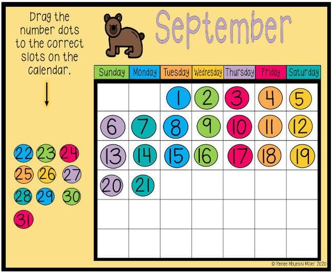 Calendar grid with colorful circles showing numbers that can be dragged into place (Interactive Online Calendars)