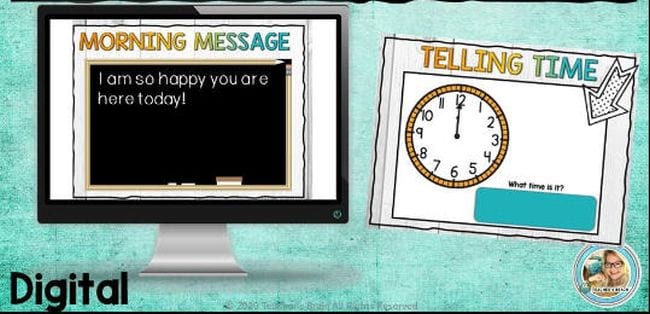 Slide marked "Morning Message" with a blackboard for the message, and second slide marked Telling Time showing a clock (Interactive Online Calendars)