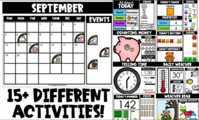 Collage of images showing calendar time activities, including weather, daily numbers, and telling time