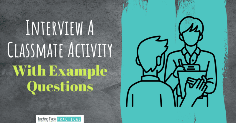 Instructions for an Interview a Classmate activity with a drawing of two students against a teal background