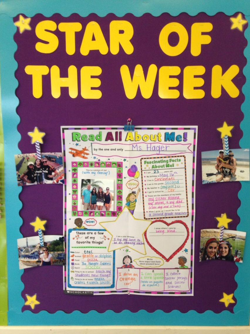 Star of the Week bulletin board with photos and facts about a teacher
