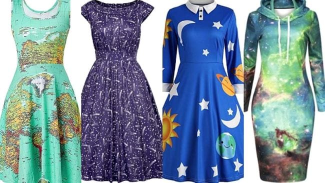 Fun patterned dresses with maps, stars, galaxies, and more