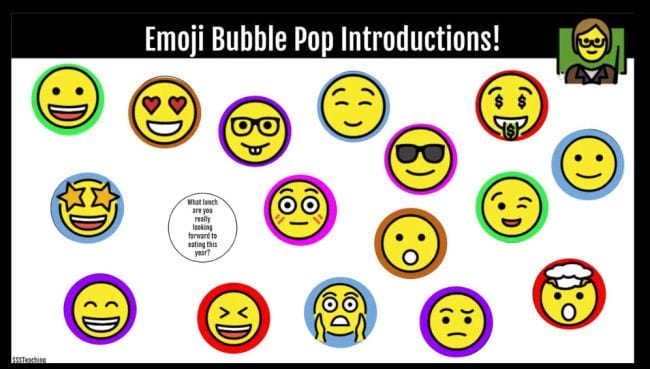 Emoji Bubble Pop Introductions! with various face emojis and facts about a teacher