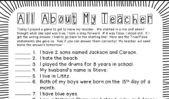 All About My Teacher printable worksheet
