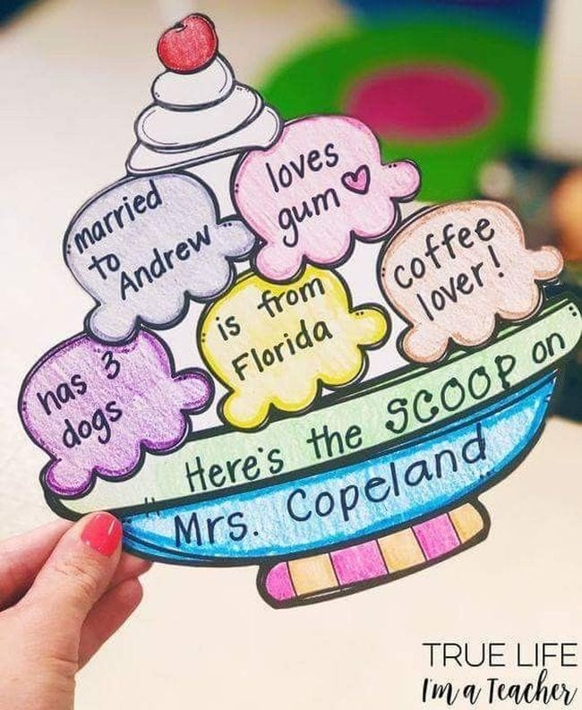 Paper ice cream sundae with fun facts about a teacher written on each scoop as an example of ways to introduce yourself to students