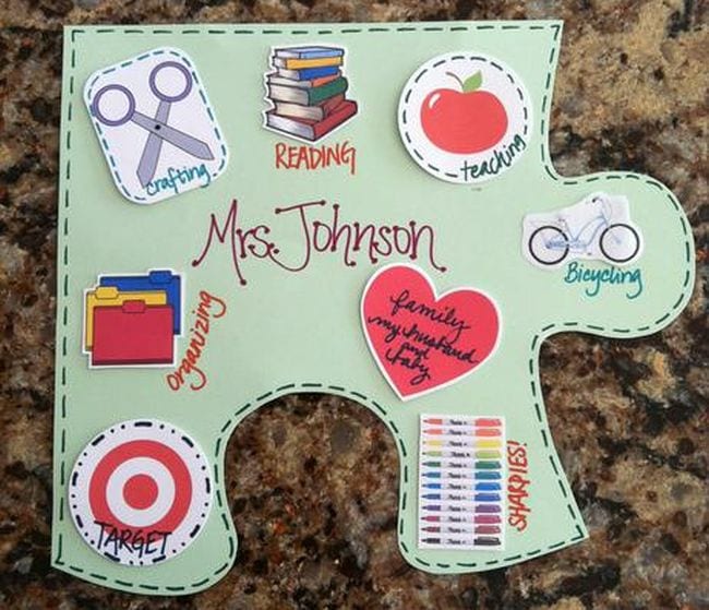 Paper puzzle piece with Mrs. Johnson written in the middle and images like scissors, books, and a bike (Introduce Yourself to Students)