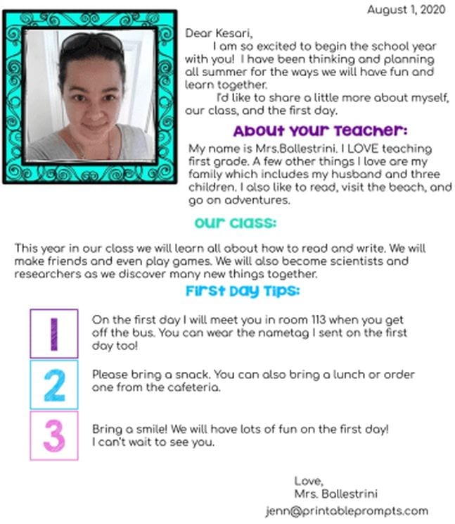 Teacher introduction letter with photo (Introduce Yourself to Students)