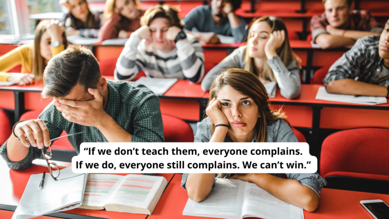 Photo of bored students with quote about how schools don't teach real skills