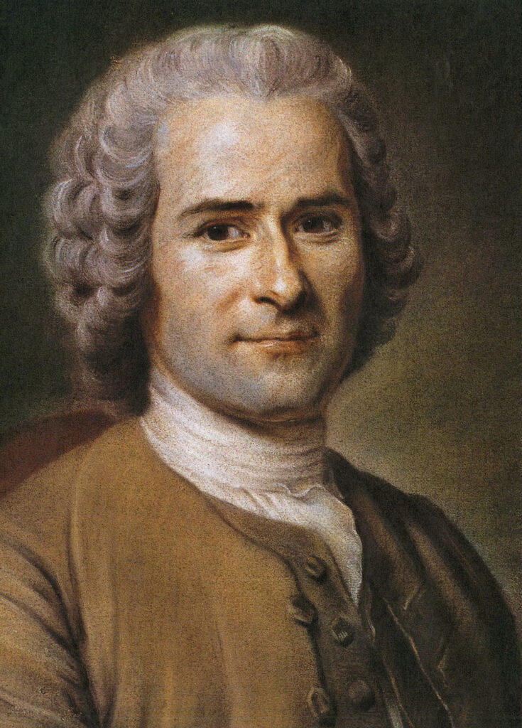 Famous philosophers include Jean-Jacques Rousseau shown here in an old painting portrait from the waist up.