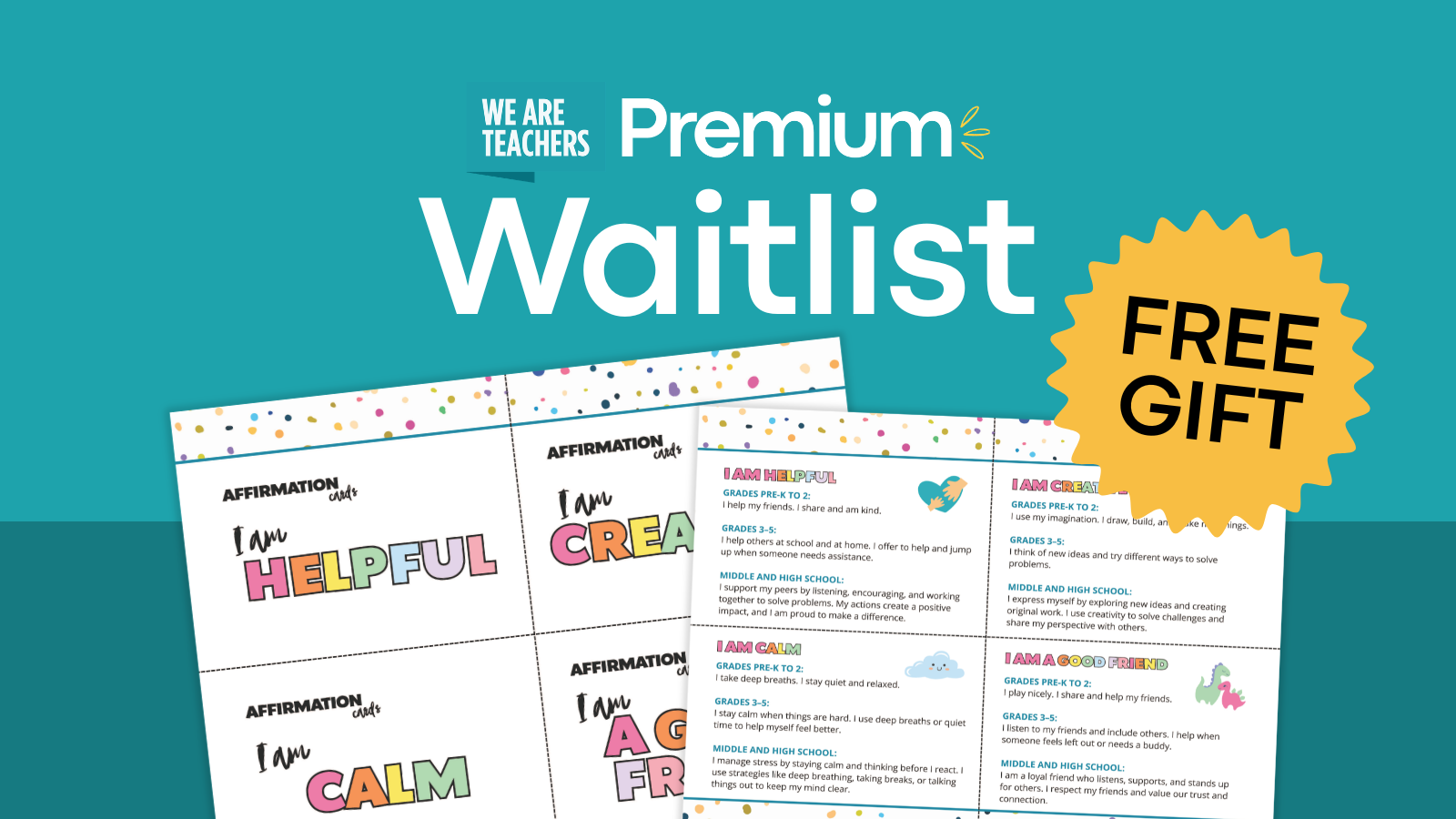 Join the We Are Teachers Premium Waitlist free gift showing printable affirmation station kit.