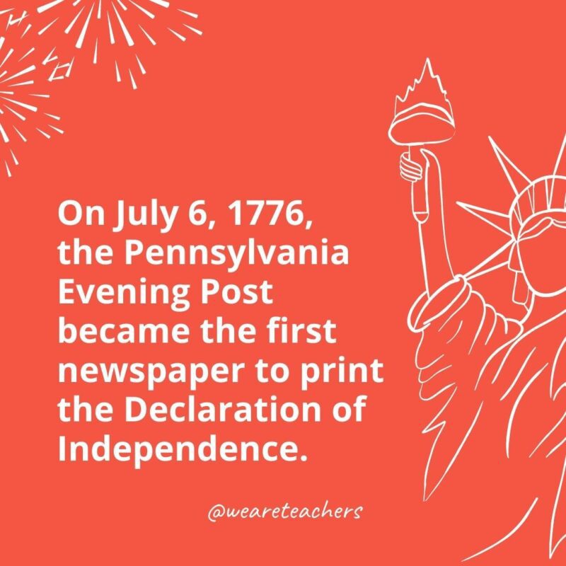 On July 6, 1776, the Pennsylvania Evening Post became the first newspaper to print the Declaration of Independence.