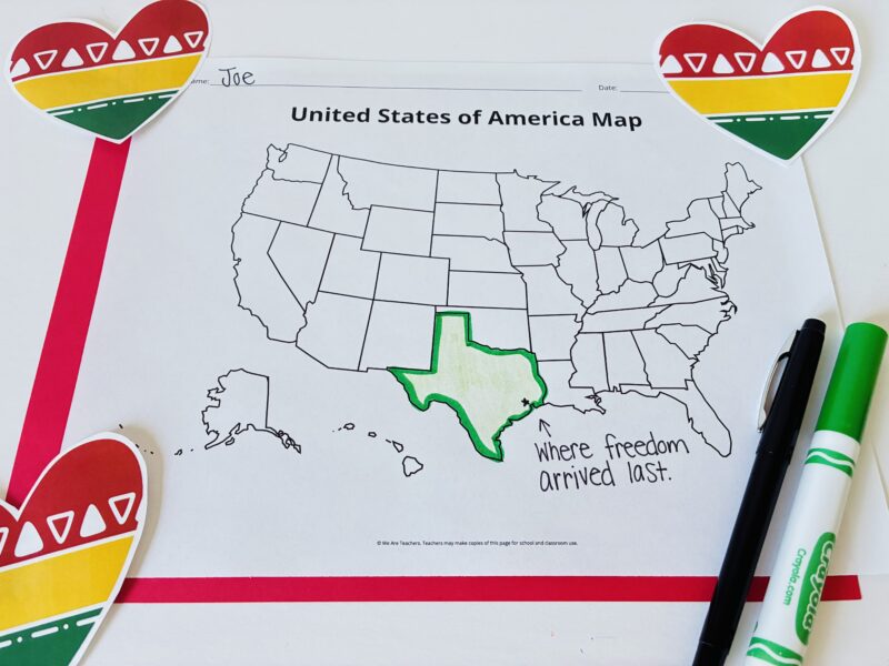an image of a map highlighting Texas, where freedom arrived last