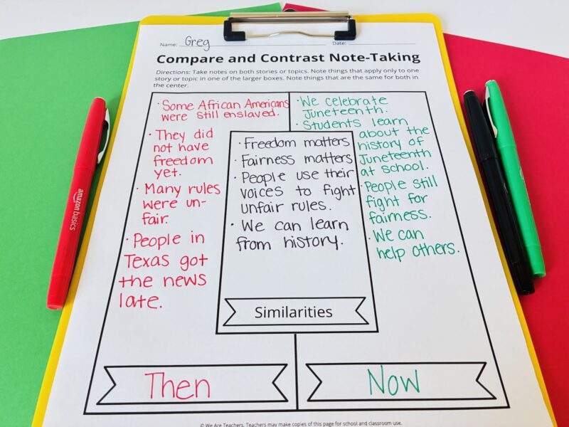 a compare and contrast graphic organizer comparing Juneteenth from a long time ago and now