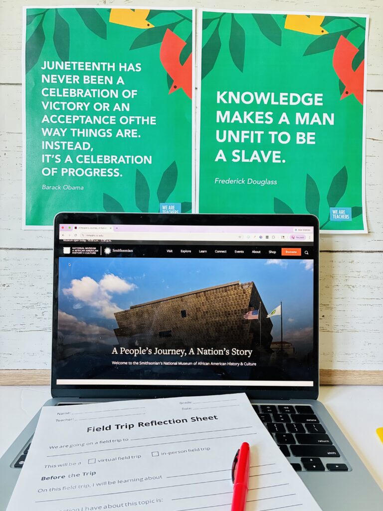 an image of a virtual field trip to the National Museum of African American History and Culture with a field trip reflection sheet