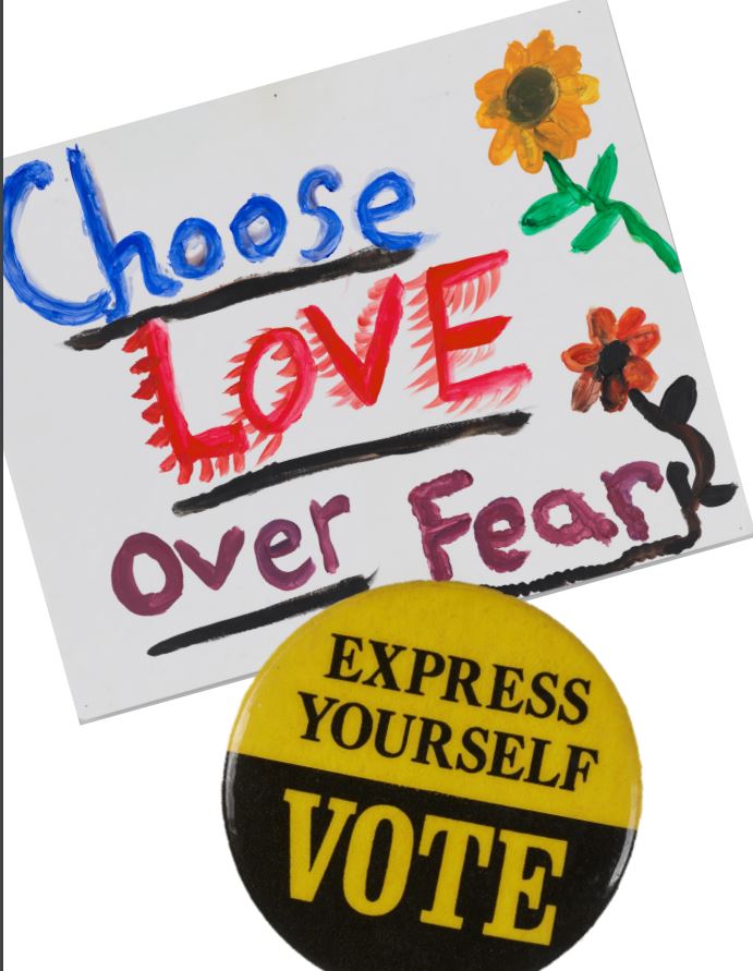 Choose Love Over Fear poster and Express Yourself, Vote button as examples of Juneteenth activities