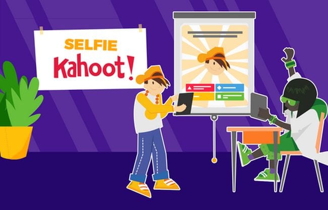 Illustration saying "Selfie Kahoot" showing students playing in class