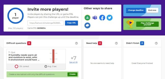 Kahoot! Reports page, showing difficult questions from a challenge