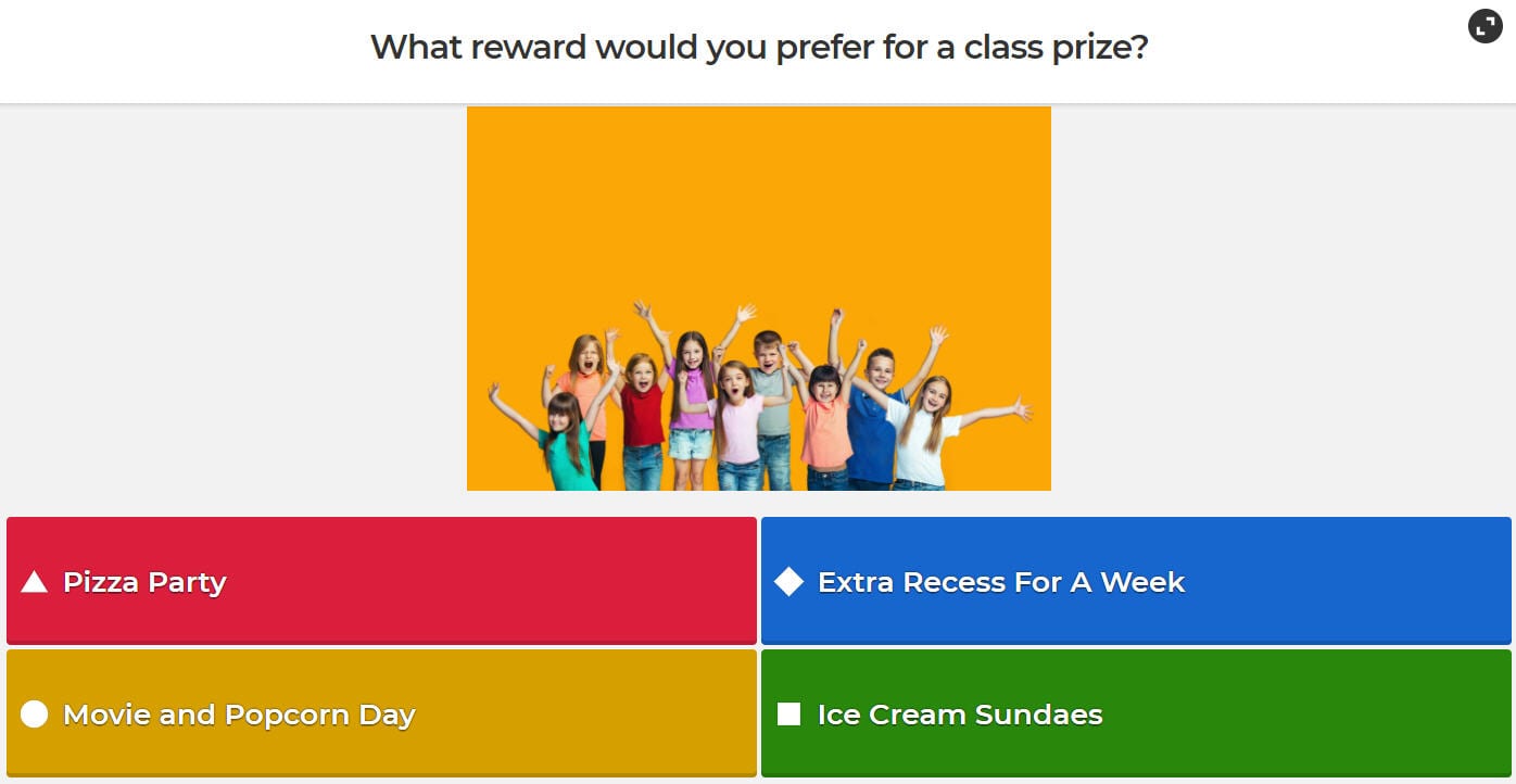 Kahoot! slide asking What would you prefer for a class reward? 