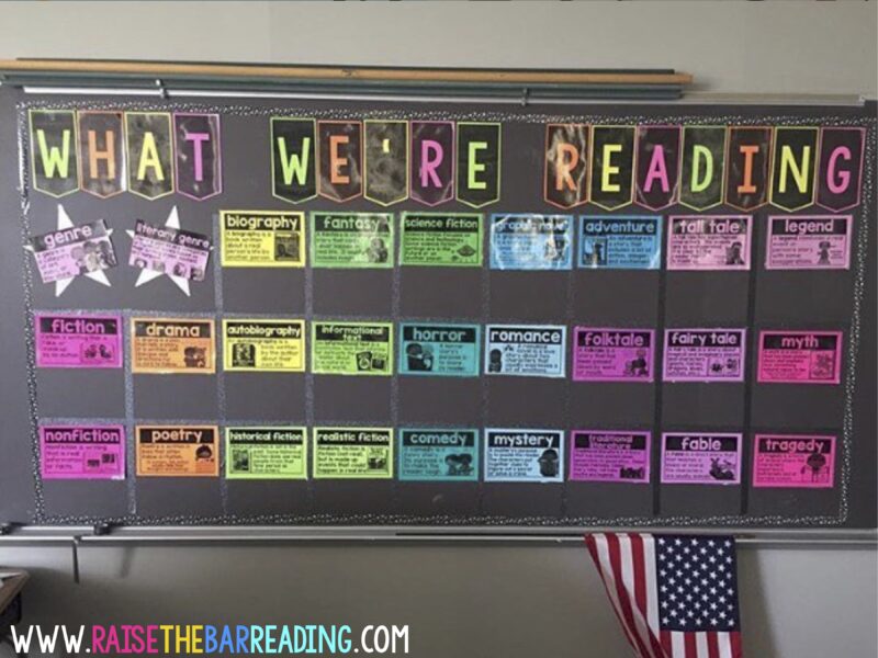 Many different genres and their definitions written on different color paper under the heading of "What We're Reading"