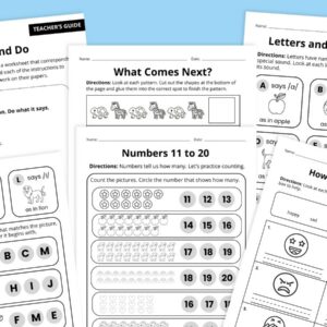 Images of a variety of worksheets that help students practice kindergarten skills.