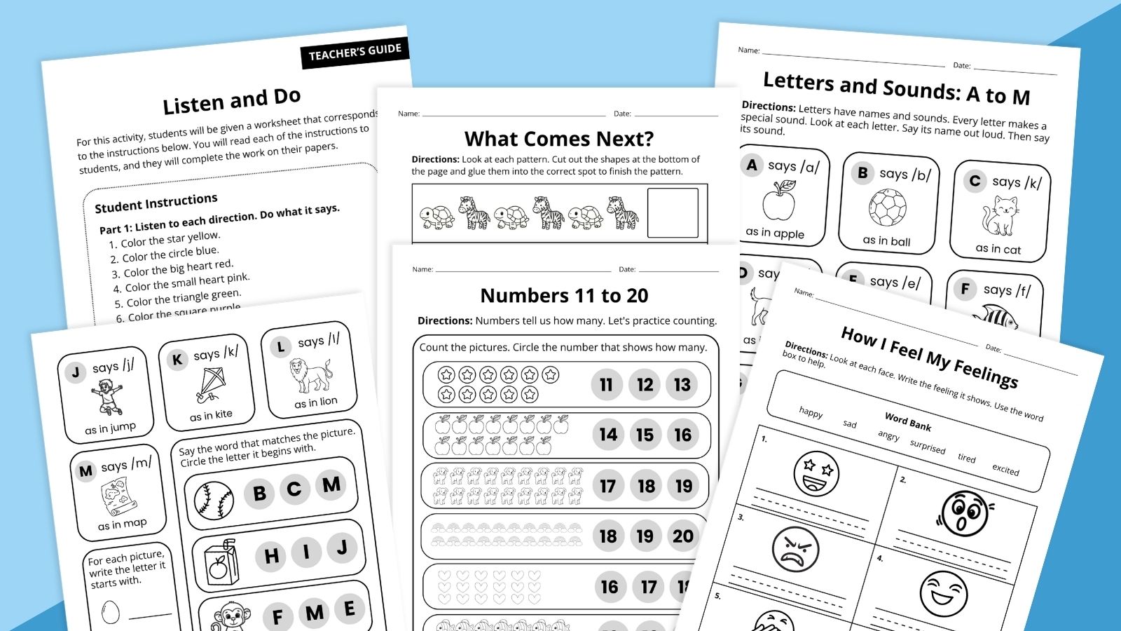 Images of a variety of worksheets that help students practice kindergarten skills.