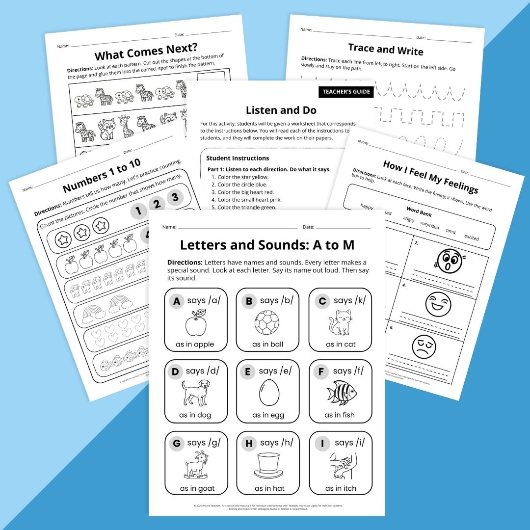 A variety of images of worksheets from the Moving Up Worksheet & Activity Bundle: Kindergarten.