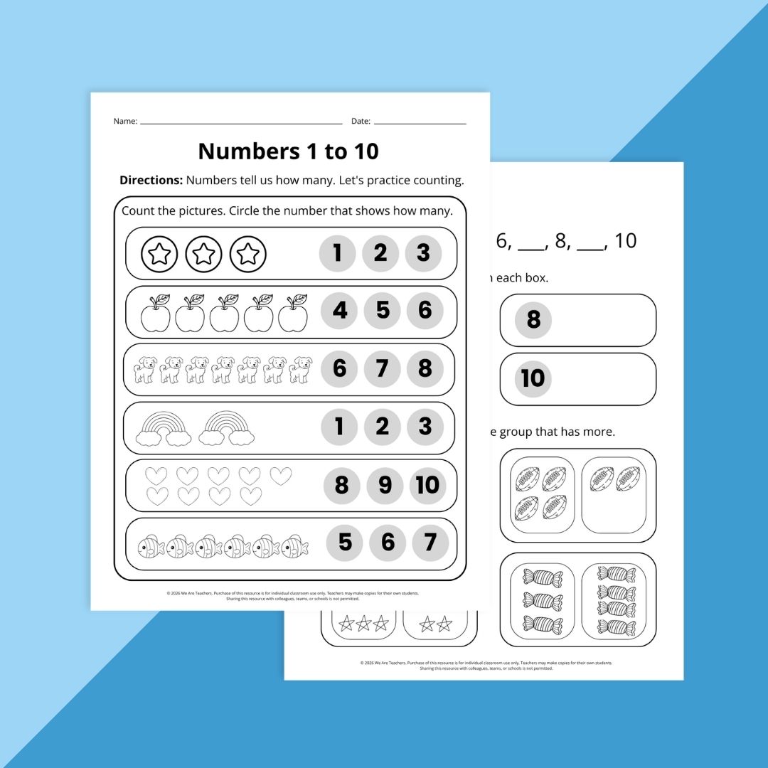 Images of counting worksheets for kindergarteners.