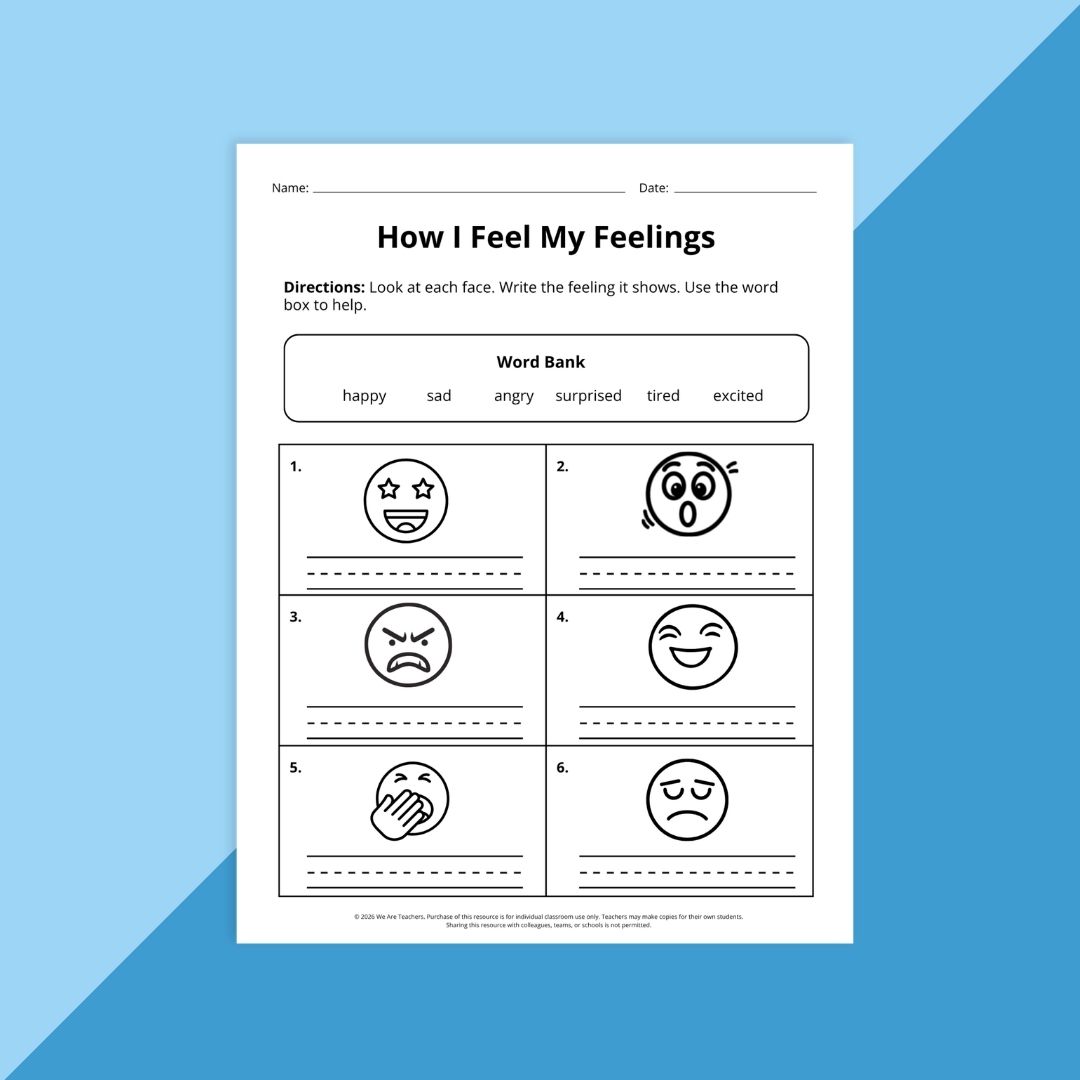 A worksheet image about feelings for kindergarteners.
