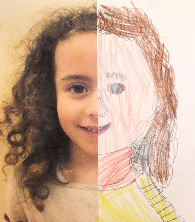 Paper divided in half, with one half showing photo of a child, the other half a crayon drawing of the child